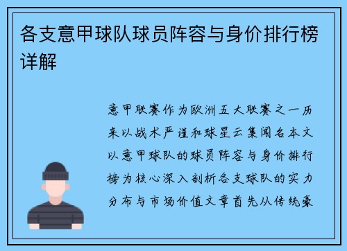 各支意甲球队球员阵容与身价排行榜详解